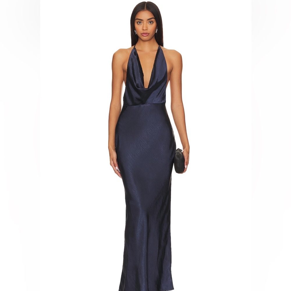 Navy Satin Halter Cowl Maxi Dress